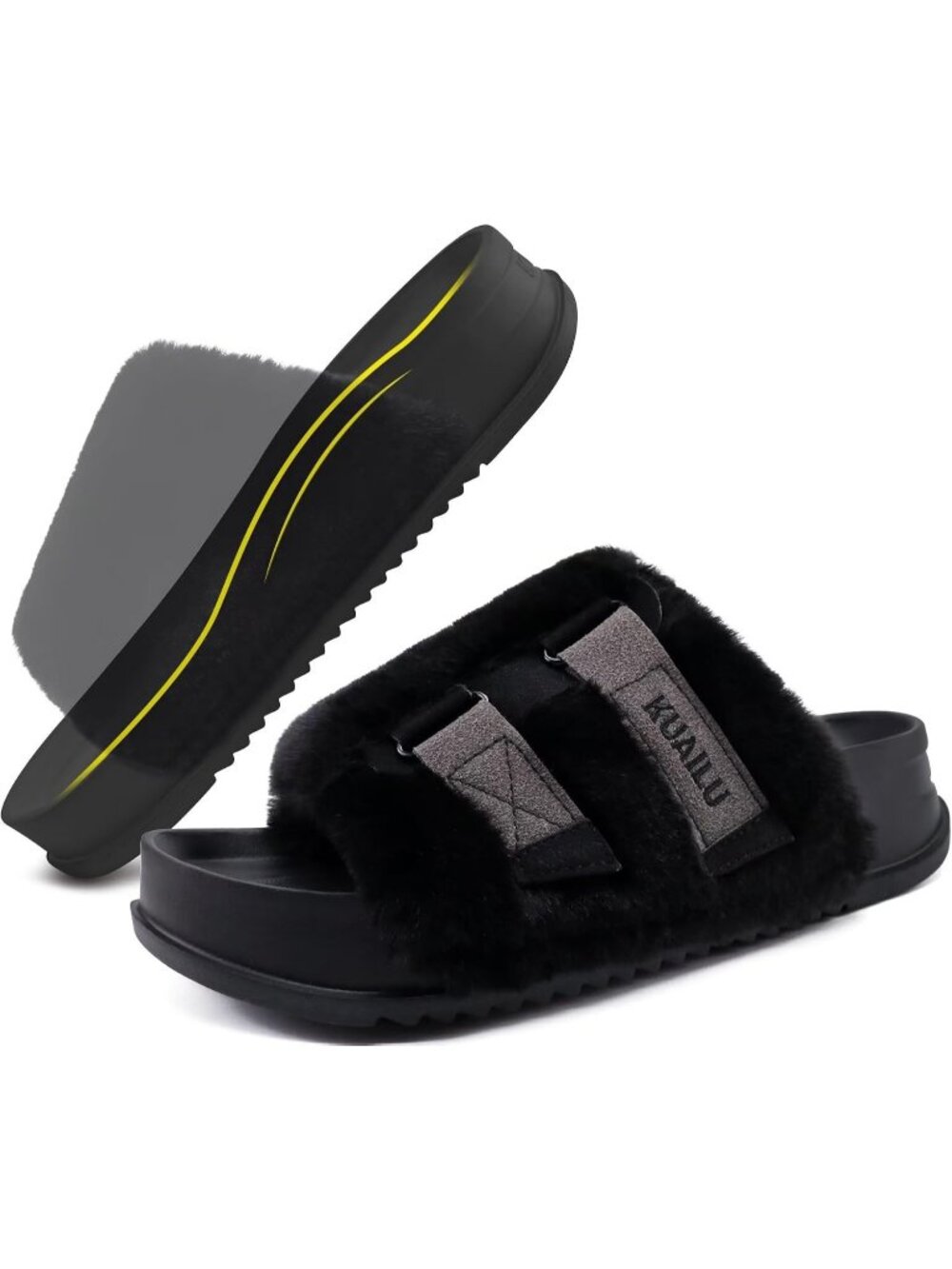 Women's Black Soft Cushioned & Adjustable Fuzzy Faux Fur Home Slippers Slides
